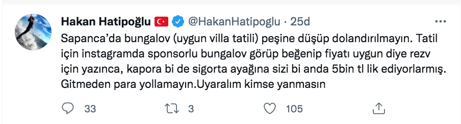 hakan hatipoglu ndan dolandiricilik uyarisi